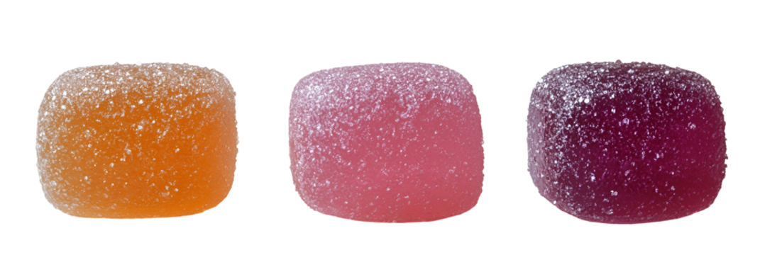 Colorful square candies displayed in gradient colors