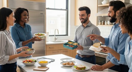 Group of friends with lunchbox meal prepping together in kitchen. Lunchbox meal prepping scene features friends sharing healthy food, including salads and sandwiches,