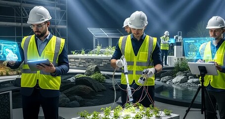 Engineers using futuristic holographic technology for smart agriculture and construction - Powered by Adobe