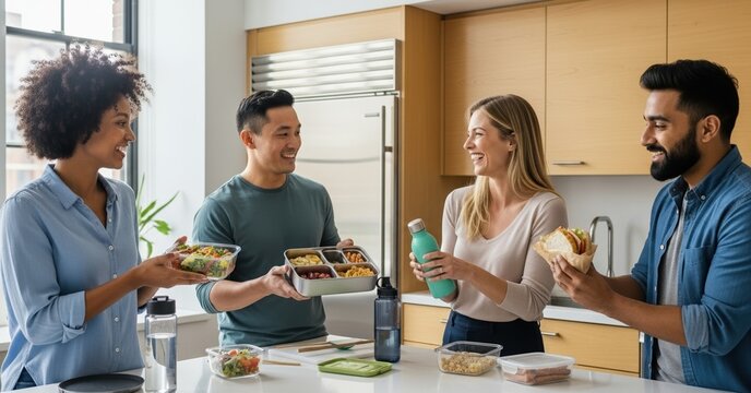 People sharing food containers, preparing for lunchbox meals at kitchen counter. Lunchbox prep includes diversity: friends sharing, food, and drinks in sustainable containers.