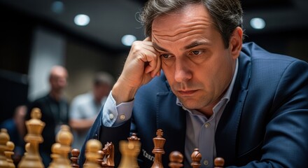 A chess player in a suit, focused on a game of chess.