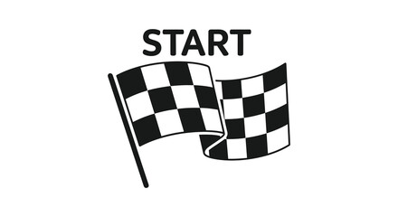 Black and white checkered flag with the word start above it in a bold font representing the beginning of a race or competition silhouette