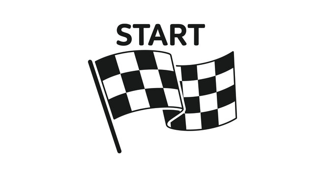 Black and white checkered flag with the word start above it in a bold font representing the beginning of a race or competition silhouette