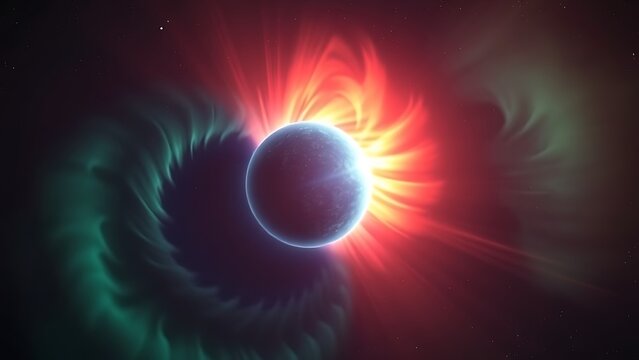 A painterly solar corona explosion with rippling aurora energy cascading toward a small blue planet.