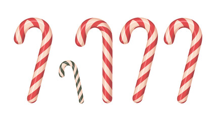 Four red and white striped candy canes and one small black and white candy cane