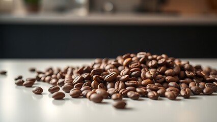 Freshly roasted aromatic coffee beans scattered on a modern surface in a warm, close-up view.