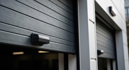 Modern dark gray industrial roller door with sensor, partially open on a building facade