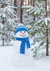 Cute snowman with blue hat and scarf in winter wonderland forest