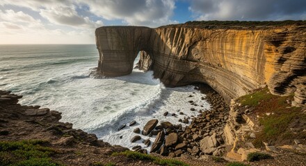 A stunning natural arch formation on a rugged coastline, with waves crashing against the rocks and a cloudy sky above.