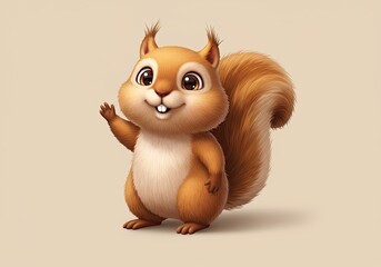 Obraz premium Charming illustration of a cute cartoon squirrel waving its paw with a friendly smile against soft