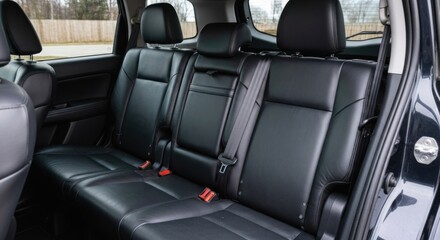 Modern vehicle interior detailed black leather rear seats with red stitching, headrests