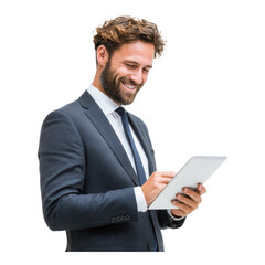 Smiling businessman with tablet on transparent bg