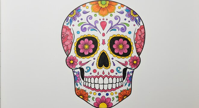 Colorful Sugar Skull Decorated with Flowers and Swirls, Day of the Dead Art