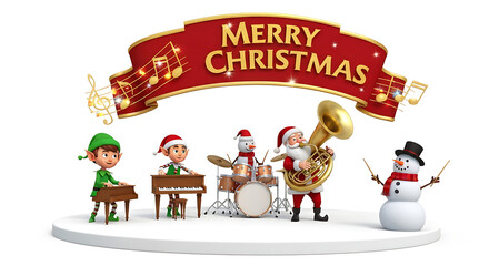 A festive 3D rendered Christmas band featuring Santa, elves, and a snowman performing under a 'Merry Christmas' banner with musical notes.