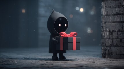 Mysterious figure in a hooded cloak holding a gift in a rainy urban setting