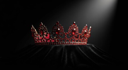Opulent red jeweled crown on dark velvet cloth, dramatically lit against a black background