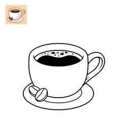 Colouring pages Black and white outline illustration of a coffee cup on a saucer with beans. A simple line art drawing suitable for a coloring page