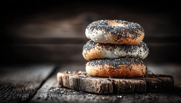 Stacked bagels with poppy and sesame seeds rest on a wooden board.