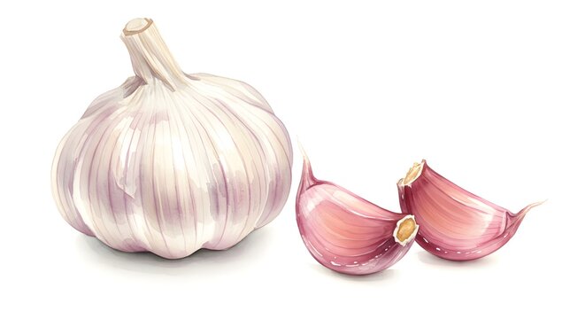 Fresh garlic bulb and cloves watercolor illustration for culinary projects, adding savory flavor to recipes and designs with its rustic charm