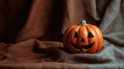 A carved pumpkin on a textured fabric background, perfect for Halloween