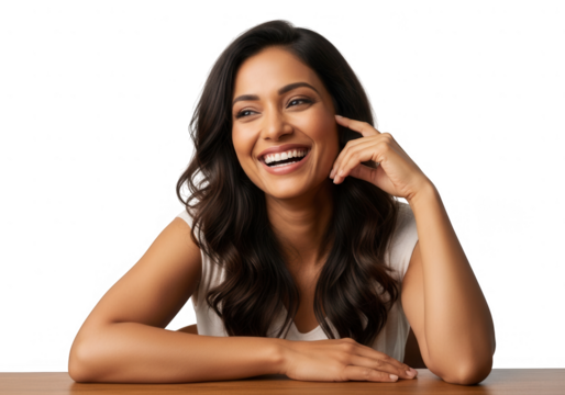 Smiling woman sitting at a table isolated on transparent background