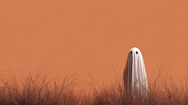 A friendly ghost stands in a field of tall grass against an orange background