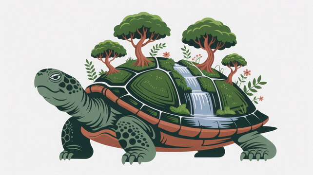 Enchanting turtle with a thriving ecosystem on its back, a whimsical blend of nature's beauty and gentle strength, perfect for conservation themes