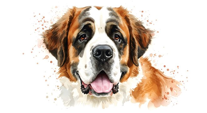 Adorable watercolor painting of a Saint Bernard dog with expressive eyes, perfect for pet lovers and animal-themed art projects, showcasing breed elegance