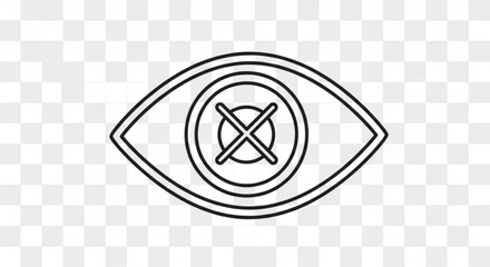 A white eye with a cross through the pupil, representing visual impairment, blindness, or the concept of do not look