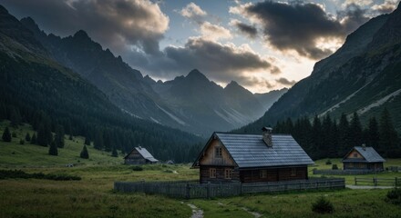 Obraz premium Remote wooden cabins in a vast mountain valley, surrounded by forests under a cloudy sky