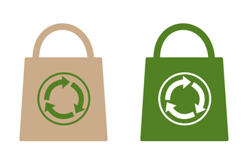 Eco shopping bag icons set, flat color reusable tote bags with recycle symbol, green and beige color variations, sustainability and zero waste concept