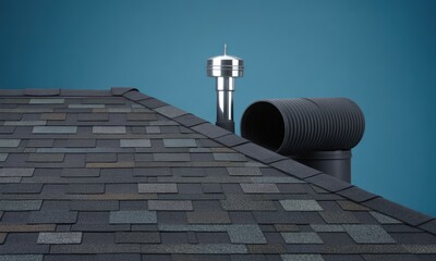 Rooftop view showing colorful shingles, a shiny metal chimney, and black ventilation pipe