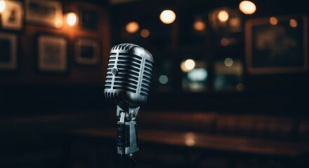 Retro silver microphone center-frame in a warm, dimly lit bar interior