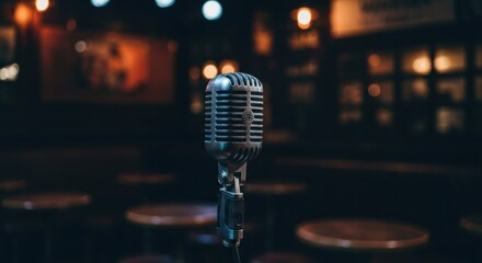Retro silver microphone awaits on stage in a dimly lit, atmospheric performance venue