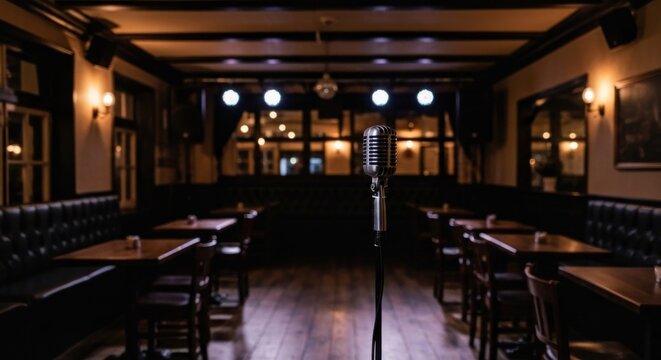Retro microphone in an empty, dimly lit, intimate performance venue with warm lighting