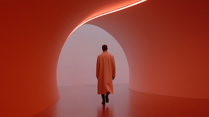 Fototapeta premium A solitary figure in a long coat walks into an abstract orange space, guided by a curving light. The minimalist scene evokes a sense of journey and introspection. Striking, serene, and modern.