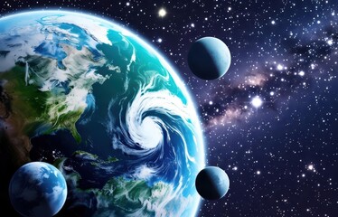 Naklejka premium Beautiful Planet with Orbiting Moons in Colorful Cosmic Scene Located at Heart of Galaxy with Glowing Celestial Lights