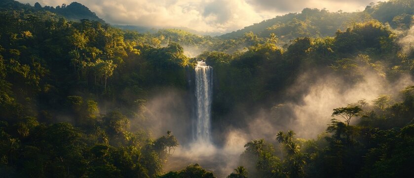 Misty Rainforest Waterfall Sunrise
