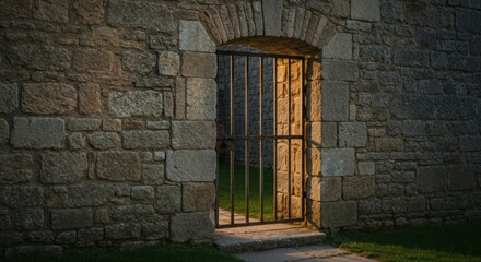 Rough stone wall, arched opening, metal barred gate, warm sunlight on path beyond