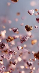Rose gold hearts falling, soft bokeh