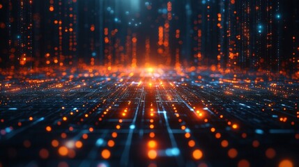 Abstract digital illustration showing interconnected glowing orange and blue data streams