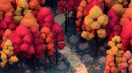 Low-poly autumn forest with red, orange, and yellow trees along a winding stone path