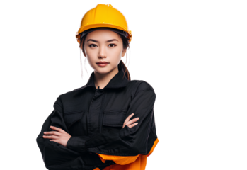 Industrial Asian Worker with Yellow Hard Hat Confident Expression Job Site Checked Backdrop Protective Uniform Arms Crossed