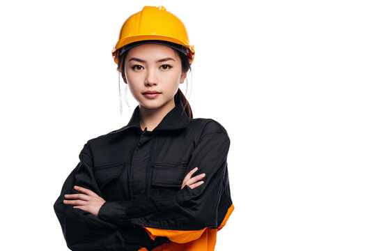 Industrial Asian Worker with Yellow Hard Hat Confident Expression Job Site Checked Backdrop Protective Uniform Arms Crossed