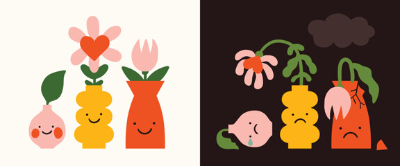 Fototapeta premium Mental health and mental illness illustration set. Happy and healthy illustration, mental health. Heads vases, smiling and sad, with flowers. Wellness, happiness, mental wealth. Depression disorder.