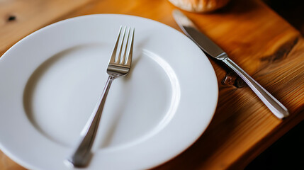 Crisp and clean: Dinner setting with elegant fork and knife. Wooden table, empty plate for your next culinary masterpiece! Ready for a gastronomic adventure.