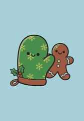 Cute Christmas Mitten and Gingerbread Cookie Illustration for Holiday Greetings