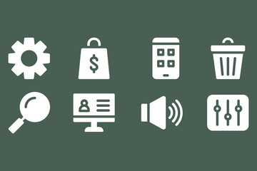 A collection of eight white flat design icons interface elements such as settings, shopping, mobile, delete, search, user profile, volume, and controls on a dark green background.