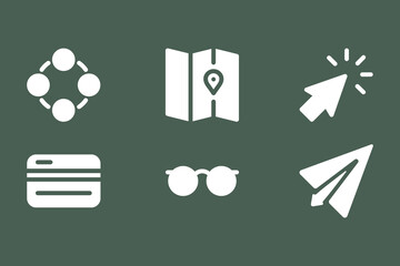 A collection of six white flat design icons on a dark green background, including symbols for network, map, click, credit card, sunglasses, and paper airplane.