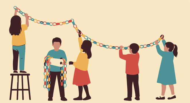 Children crafting a paper chain, promoting teamwork and creative activity indoors